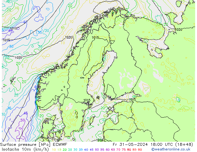 Izotacha (km/godz) ECMWF pt. 31.05.2024 18 UTC