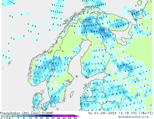 Precipitation (6h) ECMWF Sa 01.06.2024 18 UTC