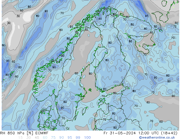 RH 850 hPa ECMWF Pá 31.05.2024 12 UTC