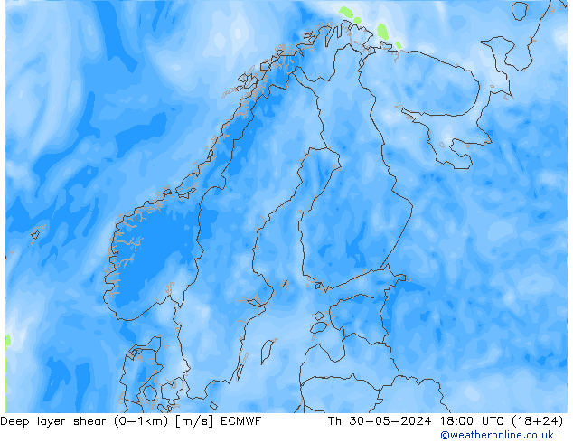 Deep layer shear (0-1km) ECMWF jue 30.05.2024 18 UTC