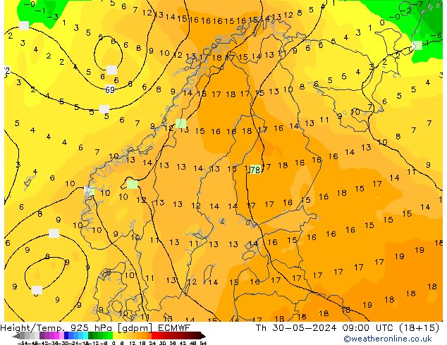 Height/Temp. 925 гПа ECMWF чт 30.05.2024 09 UTC