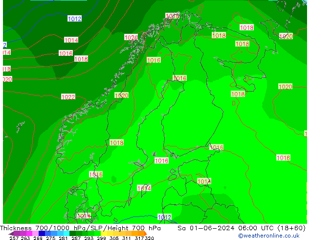 Thck 700-1000 гПа ECMWF сб 01.06.2024 06 UTC