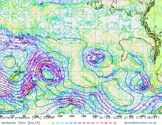 Isotachs (kph) ECMWF gio 30.05.2024 21 UTC