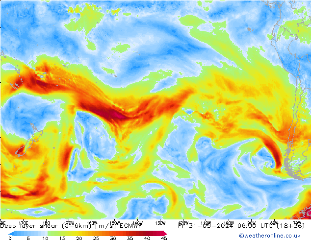 Deep layer shear (0-6km) ECMWF Fr 31.05.2024 06 UTC