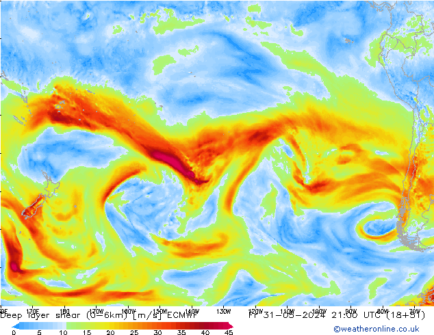 Deep layer shear (0-6km) ECMWF Cu 31.05.2024 21 UTC