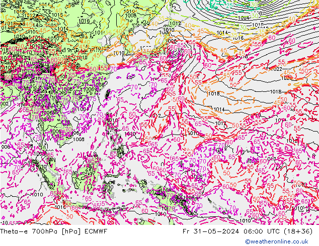 Theta-e 700hPa ECMWF Pá 31.05.2024 06 UTC