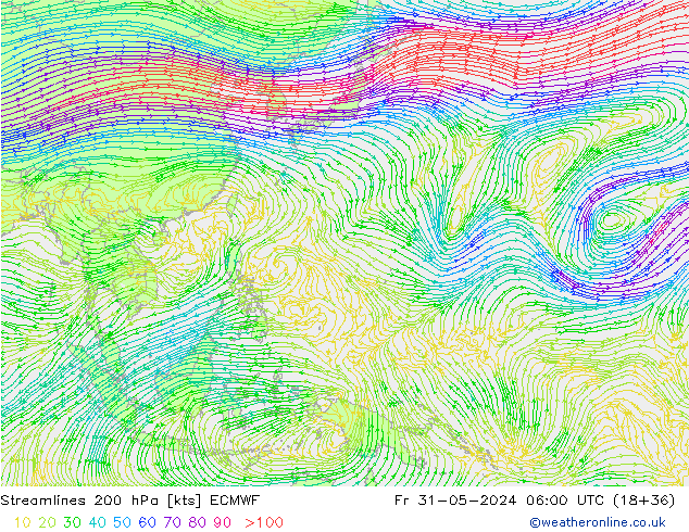 Línea de corriente 200 hPa ECMWF vie 31.05.2024 06 UTC