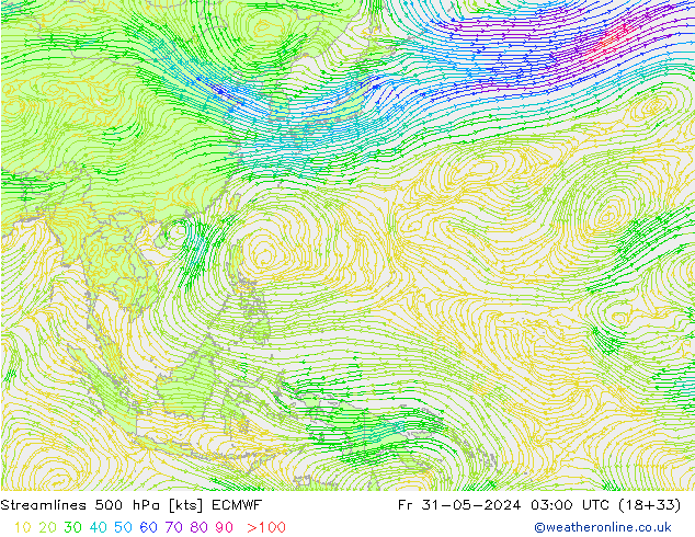 Linea di flusso 500 hPa ECMWF ven 31.05.2024 03 UTC