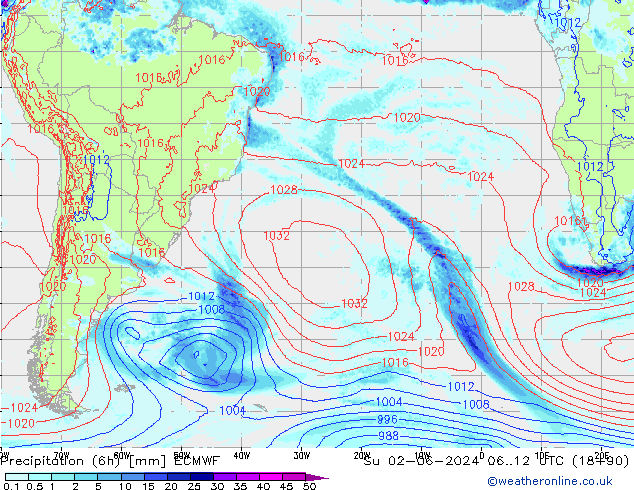 Precipitation (6h) ECMWF Su 02.06.2024 12 UTC