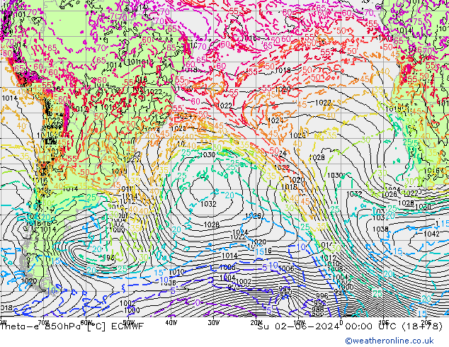 Theta-e 850hPa ECMWF zo 02.06.2024 00 UTC