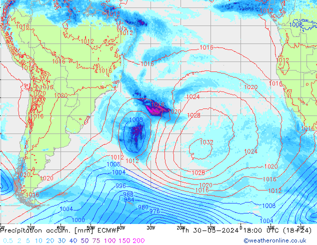 Precipitación acum. ECMWF jue 30.05.2024 18 UTC