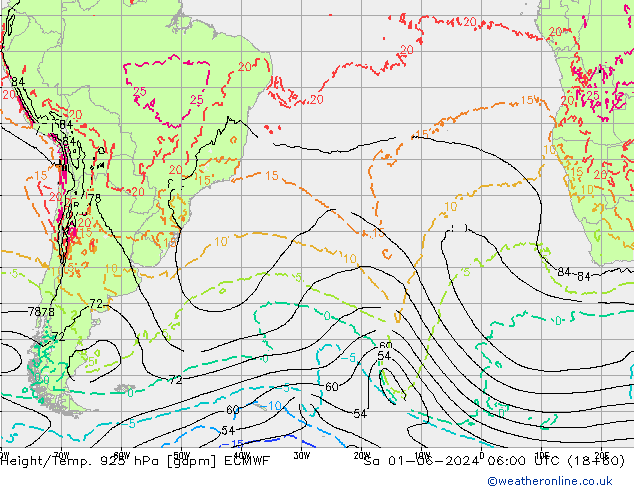 Yükseklik/Sıc. 925 hPa ECMWF Cts 01.06.2024 06 UTC