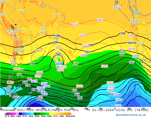 Espesor 500-1000 hPa ECMWF jue 30.05.2024 03 UTC