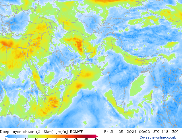 Deep layer shear (0-6km) ECMWF Pá 31.05.2024 00 UTC