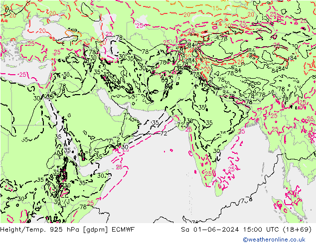 Geop./Temp. 925 hPa ECMWF sáb 01.06.2024 15 UTC