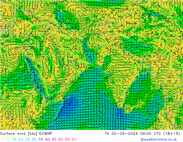 Surface wind ECMWF Čt 30.05.2024 09 UTC