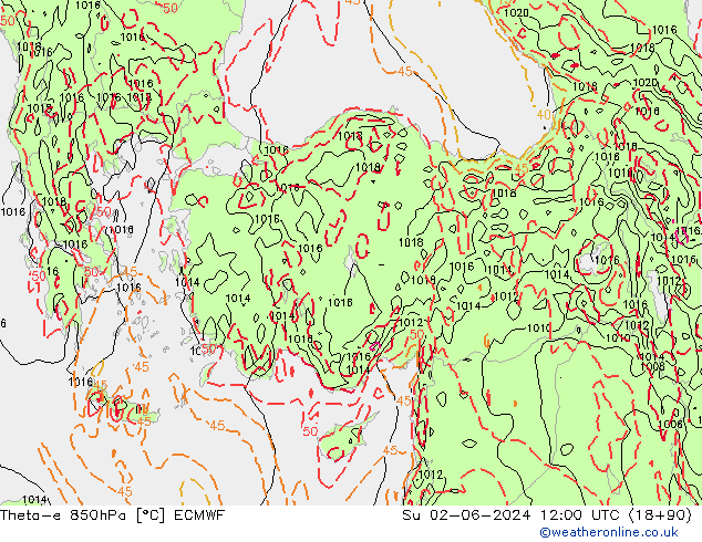 Theta-e 850hPa ECMWF Su 02.06.2024 12 UTC