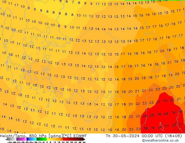 Height/Temp. 850 гПа ECMWF чт 30.05.2024 00 UTC