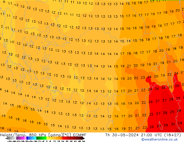 Geop./Temp. 850 hPa ECMWF jue 30.05.2024 21 UTC