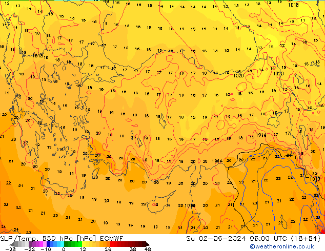 SLP/Temp. 850 hPa ECMWF nie. 02.06.2024 06 UTC