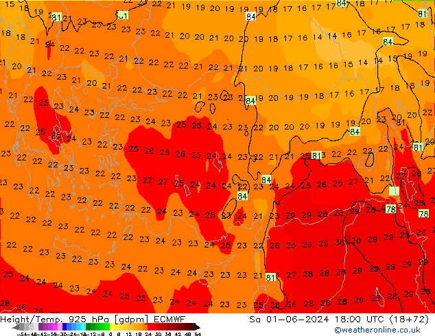 Height/Temp. 925 hPa ECMWF Sa 01.06.2024 18 UTC