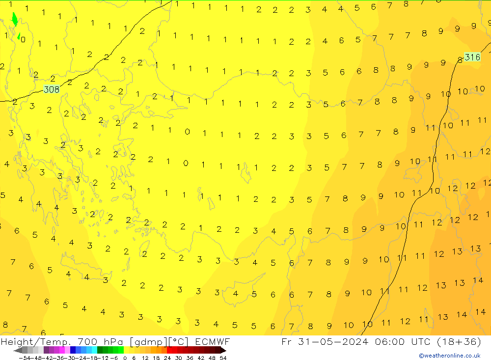 Géop./Temp. 700 hPa ECMWF ven 31.05.2024 06 UTC