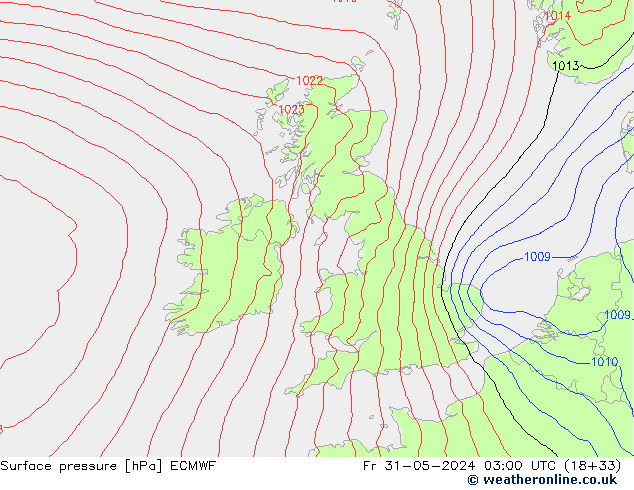 Pressione al suolo ECMWF ven 31.05.2024 03 UTC