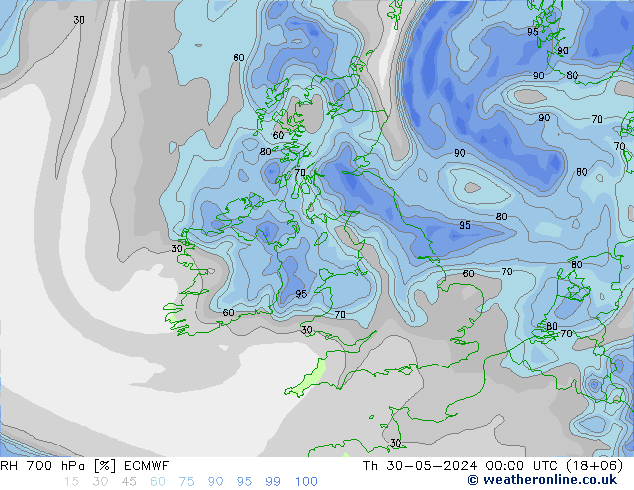 Humidité rel. 700 hPa ECMWF jeu 30.05.2024 00 UTC