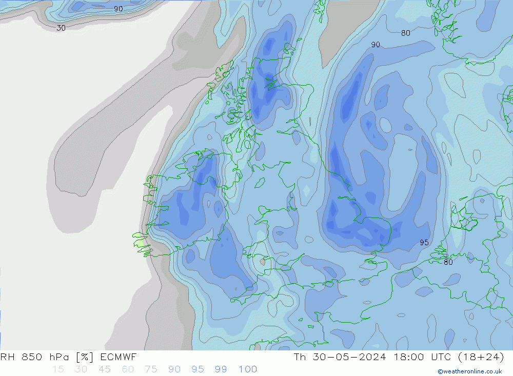 Humidité rel. 850 hPa ECMWF jeu 30.05.2024 18 UTC