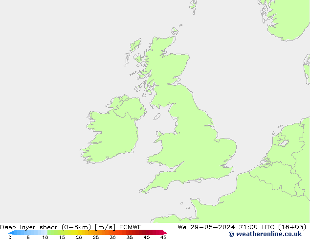 Deep layer shear (0-6km) ECMWF We 29.05.2024 21 UTC