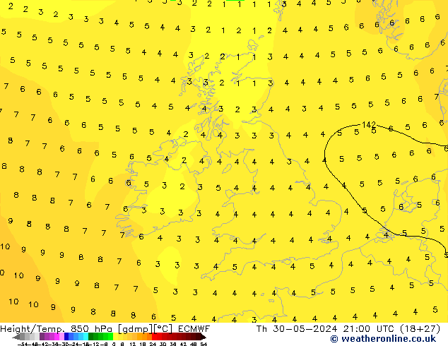 Height/Temp. 850 hPa ECMWF gio 30.05.2024 21 UTC