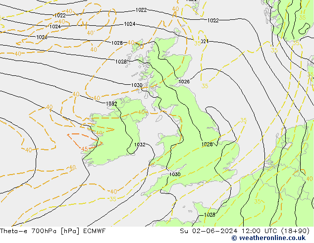 Theta-e 700hPa ECMWF Su 02.06.2024 12 UTC