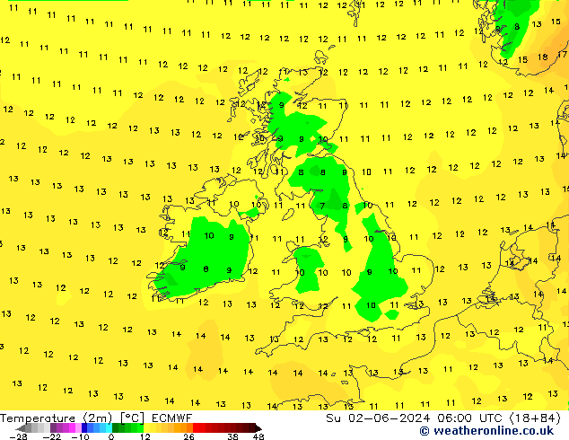 Temperature (2m) ECMWF Su 02.06.2024 06 UTC