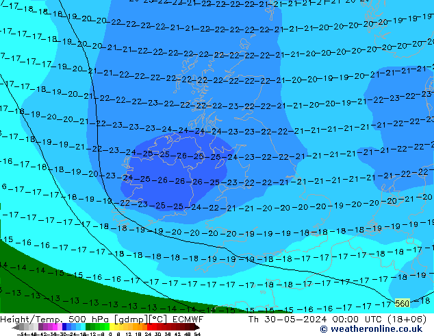 Z500/Rain (+SLP)/Z850 ECMWF jue 30.05.2024 00 UTC