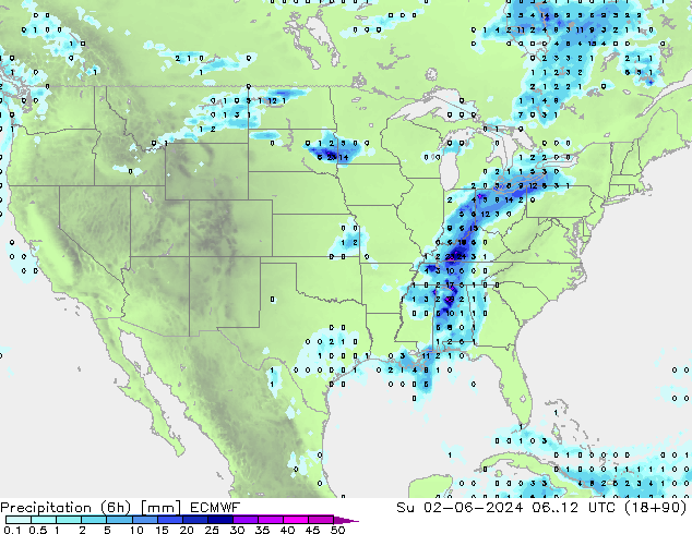 Precipitation (6h) ECMWF Su 02.06.2024 12 UTC