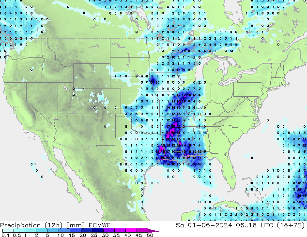 Totale neerslag (12h) ECMWF za 01.06.2024 18 UTC