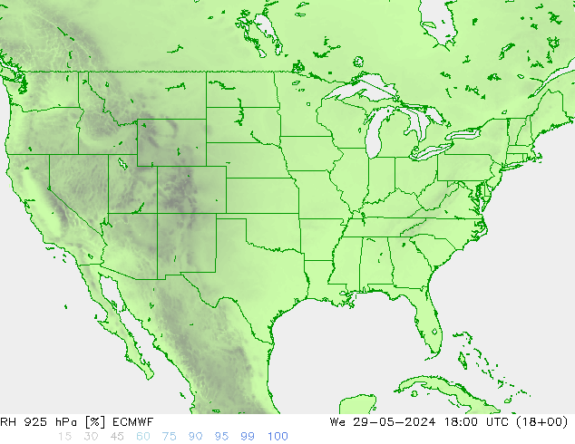 RH 925 hPa ECMWF Qua 29.05.2024 18 UTC