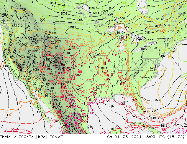 Theta-e 700hPa ECMWF Sáb 01.06.2024 18 UTC