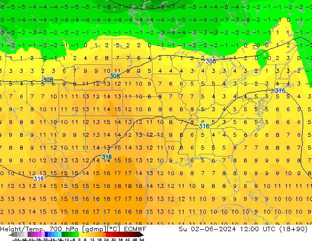 Height/Temp. 700 hPa ECMWF Su 02.06.2024 12 UTC