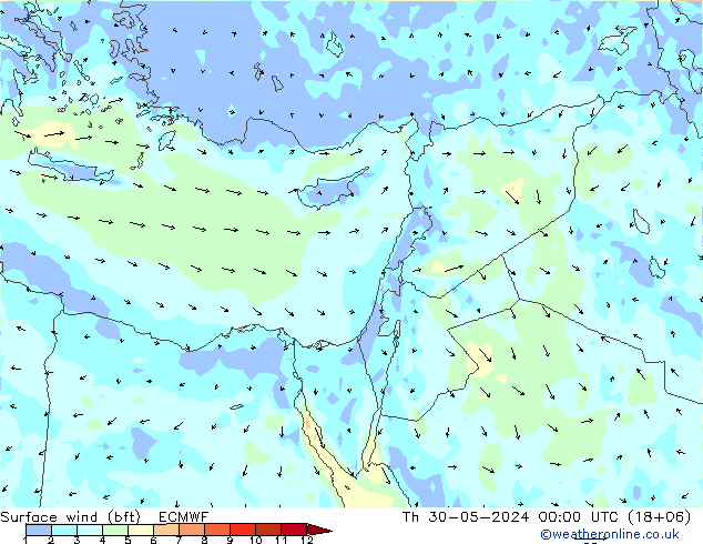 Vento 10 m (bft) ECMWF Qui 30.05.2024 00 UTC