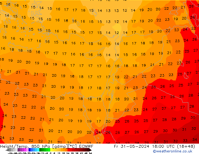 Géop./Temp. 850 hPa ECMWF ven 31.05.2024 18 UTC