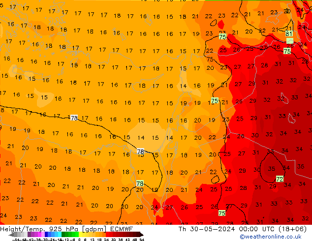 Hoogte/Temp. 925 hPa ECMWF do 30.05.2024 00 UTC