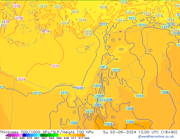 Thck 700-1000 hPa ECMWF Su 02.06.2024 12 UTC