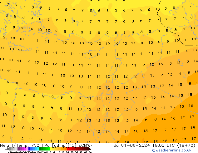 Height/Temp. 700 hPa ECMWF  01.06.2024 18 UTC