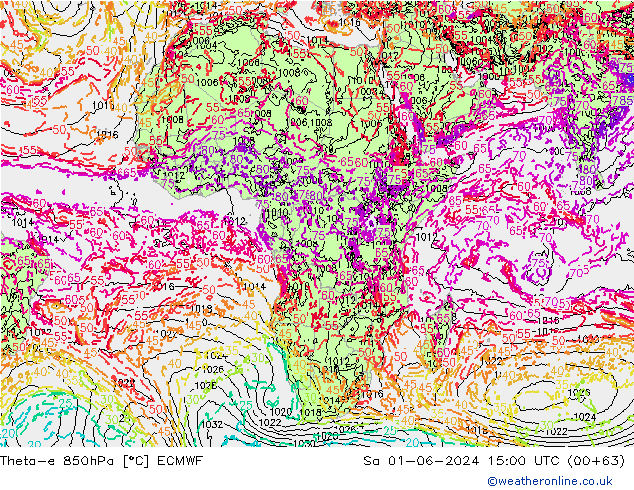 Theta-e 850hPa ECMWF sam 01.06.2024 15 UTC