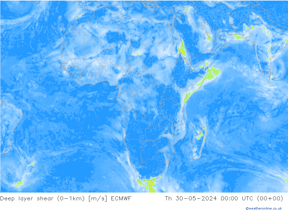 Deep layer shear (0-1km) ECMWF Čt 30.05.2024 00 UTC