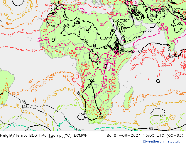 Geop./Temp. 850 hPa ECMWF sáb 01.06.2024 15 UTC