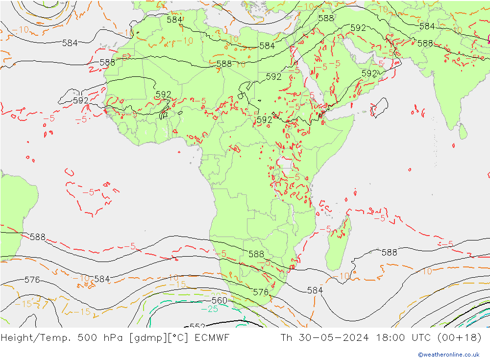 Height/Temp. 500 hPa ECMWF Čt 30.05.2024 18 UTC
