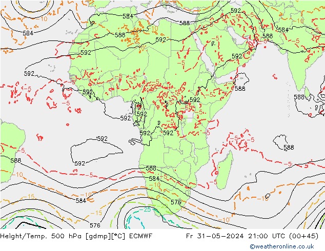 Hoogte/Temp. 500 hPa ECMWF vr 31.05.2024 21 UTC