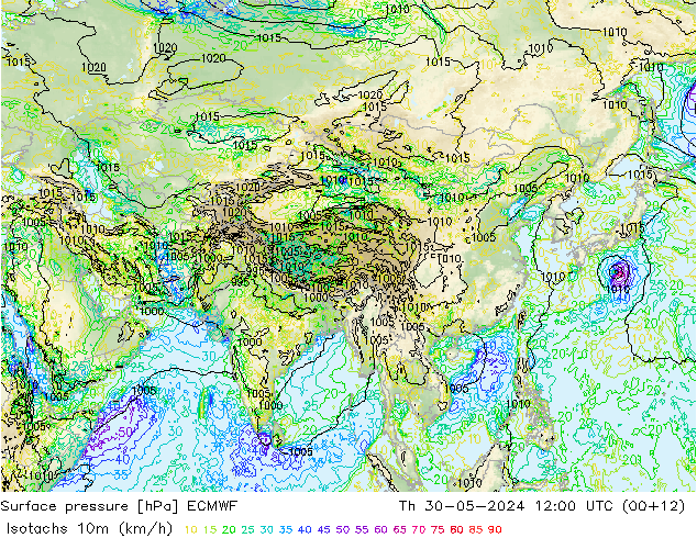 Izotacha (km/godz) ECMWF czw. 30.05.2024 12 UTC